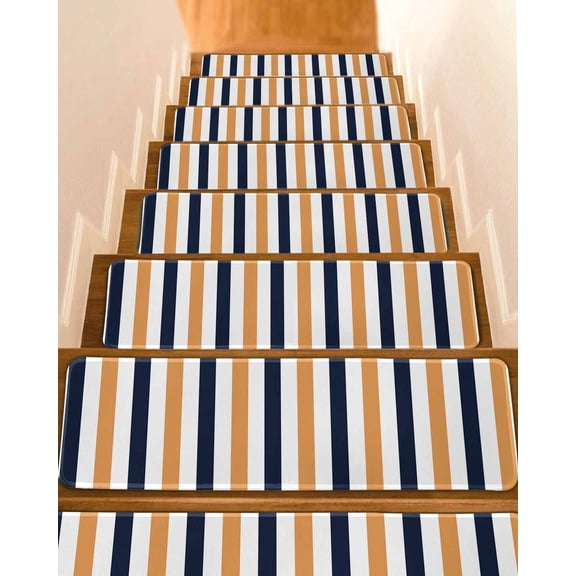 Burnt Orange Navy Blue Striped Stair Treads for Wooden Steps Indoor Runner Rug Carpet, Farmhouse Stripe Art 7 Pieces Peel and Stick Staircase Step Treads Covers Washable Throw Door Mats, 30"x8"