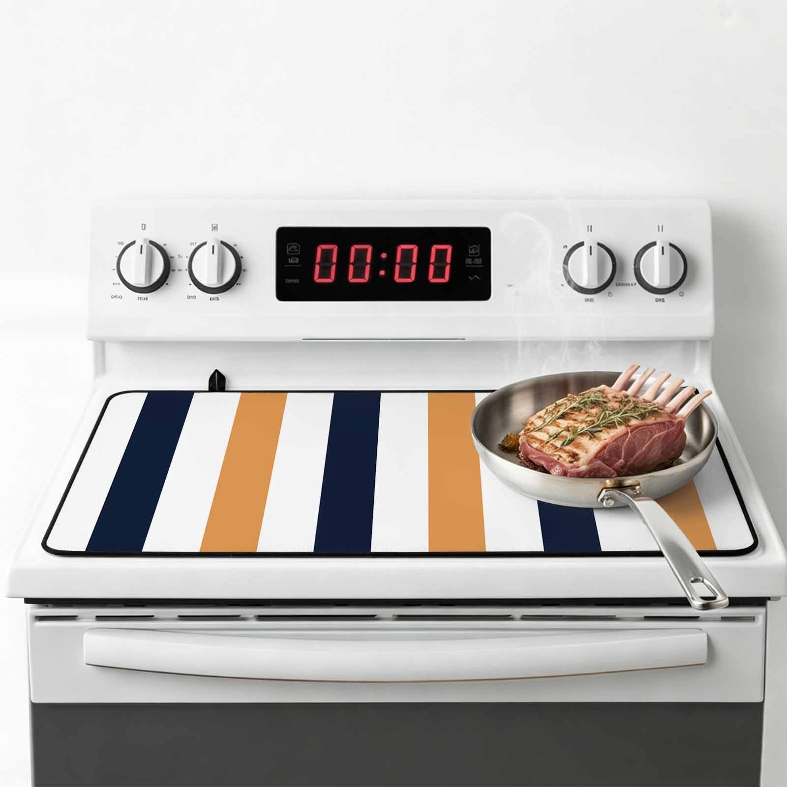 Burnt Orange Navy Blue Striped Stove Top Cover for Electric Stove, Heat-proof & Non Slip Glass Top Stove Cover Protector, Farmhouse Stripe Art Kitchen Flat Cooktop Rubber Mat 31x24 Inches