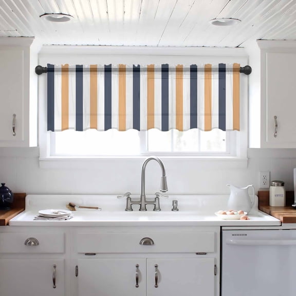 Burnt Orange Navy Blue Striped Valance Curtains for Kitchen/Living Room/Bathroom/Bedroom Window, Farmhouse Stripe Art Rod Pocket Small Topper Half Short Window Curtains Voile Sheer Scarf 60"x18"