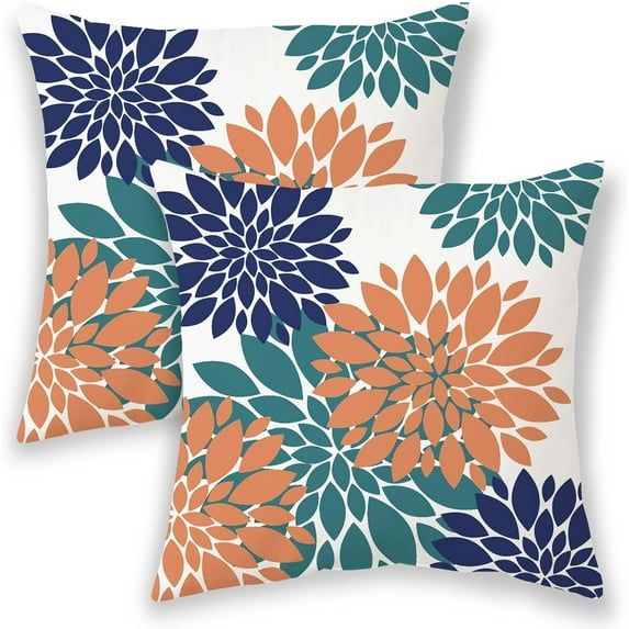 Burnt Orange Navy Blue Summer Outdoor Pillow Covers 20x20 Inch 2 Pcs, Teal Aqua Geometric Elegant Dahlia Floral Decorative Throw Pillows, Flower Decor Pillowcase Linen Cushion Cover for Couch