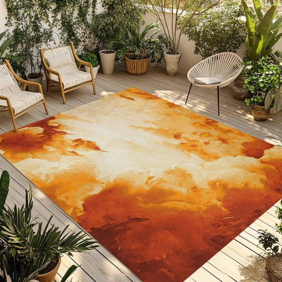 Burnt Orange Ombre Clouds Outdoor Rug for Patio/Deck/Porch, Non-Slip Large Area Rug 5 x 7 Ft, Modern Abstract Gradient Cloud Indoor Outdoor Rugs Washable Area Rugs, Camping Rug Carpet Runner
