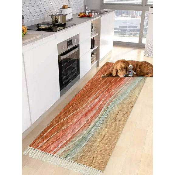 Burnt Orange Ombre Coastal Entryway Runner Rug 2x4ft,Summer Nautical Beach Ocean Seaside Washable Woven Living Room Hallway Bedroom Kitchen Carpet with Tassels,Indoor Outdoor Door Mat for Entryway