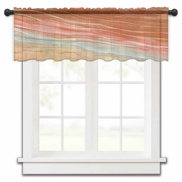 Burnt Orange Ombre Coastal Sheer Valances, 42"x18" Light Filtering Kitchen Curtains, Summer Nautical Beach Ocean Seaside Chiffon Rod Pocket Curtains