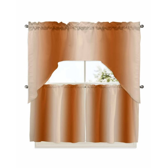 Burnt Orange Ombre Swag Valance and Tier Curtains 24'' Length Set, Modern Abstract Art Light Filtering Kitchen Curtains, Tier Curtain Valances for Bathroom/Living Room/Bedroom/Café