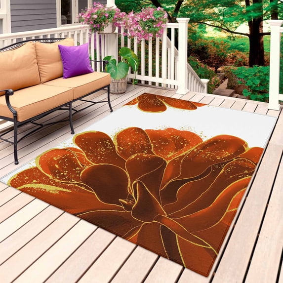 Burnt Orange Outdoor Rug 4x6 Ft, Non Slip Washable Area Rug, Sparkle Gold Stained Floral Flower Art Patio Rugs Carpet Runner, Large Floor Mat for Indoor/Outdoor Deck Porch Camping
