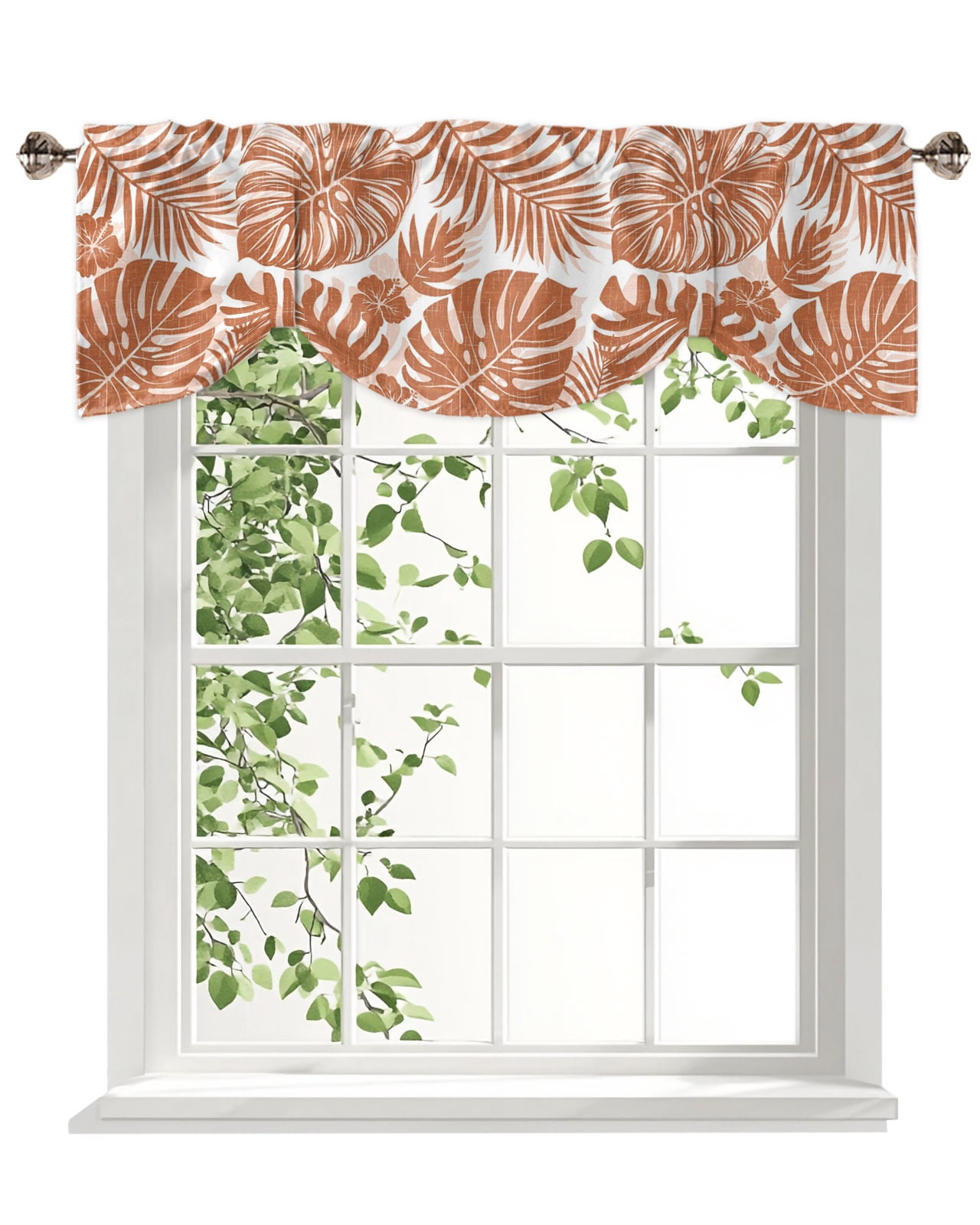 Burnt Orange Palm Leaves Tie Up Valances Curtain, Tropical Botanical ...