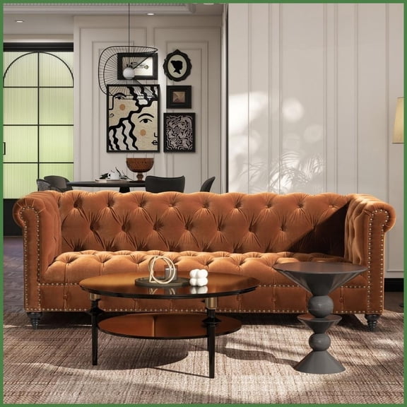 Burnt Orange Performance Velvet Chesterfield Sofa - 88" Tufted Upholstery with Antique Brass Nailheads for Living Room