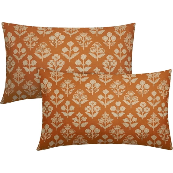 Burnt Orange Pillow Covers 12x20 Inch Set of 2, Cream Floral Block Print Pattern Lumbar Decorative Throw Pillowcases Outdoor Farmhouse Rectangle Cushion Covers Spring Summer Sofa Couch Bed Decor