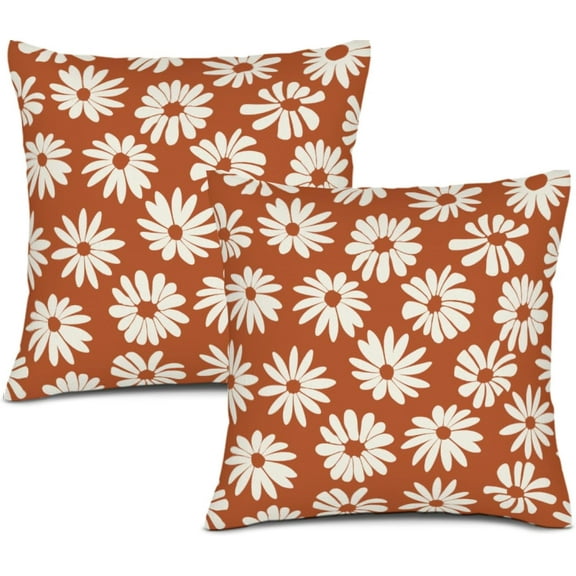 Burnt Orange Pillow Covers 18X18 Inch White Floral Daisy Geometry Decorative Couch Pillow Cases Spring Summer Flower Throw Pillows Set of 2 Farmhouse Home Decor for Room Porch Patio Couch Outdoor