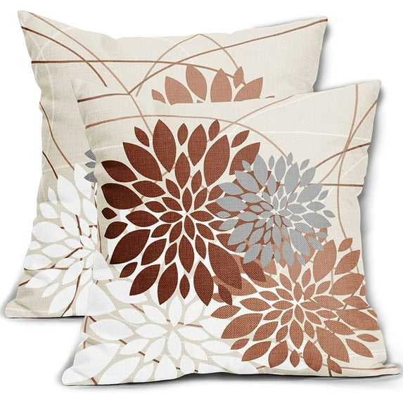 Burnt Orange Pillow Covers 18x18 Inch Fall Decorations Dahlia Decorative Throw Pillows Outdoor Farmhouse Decor for Sofa Couch Bed Modern Autumn Colored Flower Linen Square Cushion Case, Set of 2