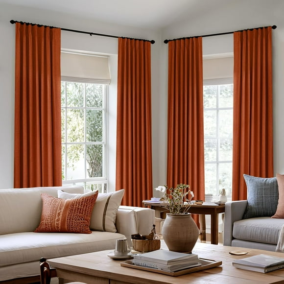 Burnt Orange Pinch Pleated 100% Blackout Linen Curtains 108 Inch Long 2 Panels Set, Pleat Curtains with Pin Hooks, Black Out Room Darkening Fall Rust Terracotta Drapes for Bedroom Living Room