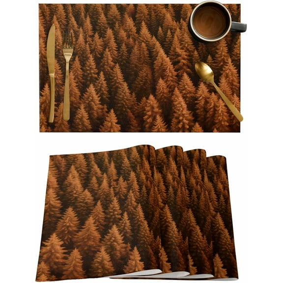 Burnt Orange Pine Tree Placemats Set of 4,Washable Woven Burlap Cloth Fabric Placemat for Square/Rectangle/Round/Oval Dining Table,Easy Clean Place Mats Forest Watercolor Spring Summer Retro Forest