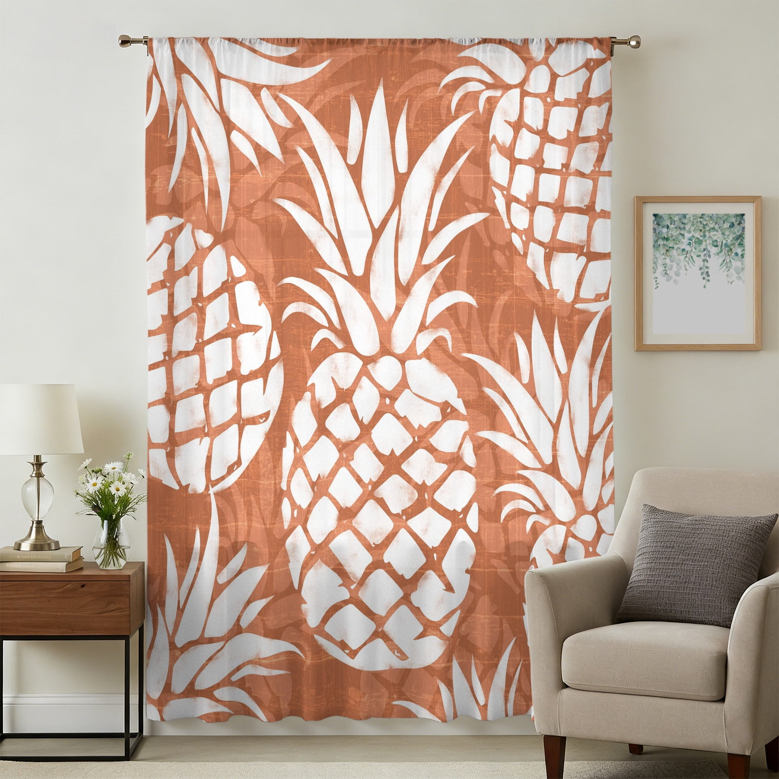 Burnt Orange Pineapple Sheer Curtains 63 Inches Long, Tropical Summer ...