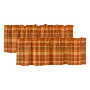 Burnt Orange Plaid 2 Panels Kitchen Valance, Fall Brown Tan Grids Crossing Lines Blocks Curtains Valances for Small Windows Rod Pocket Window Treatments for Living Room Bedroom 60"W x 18"L