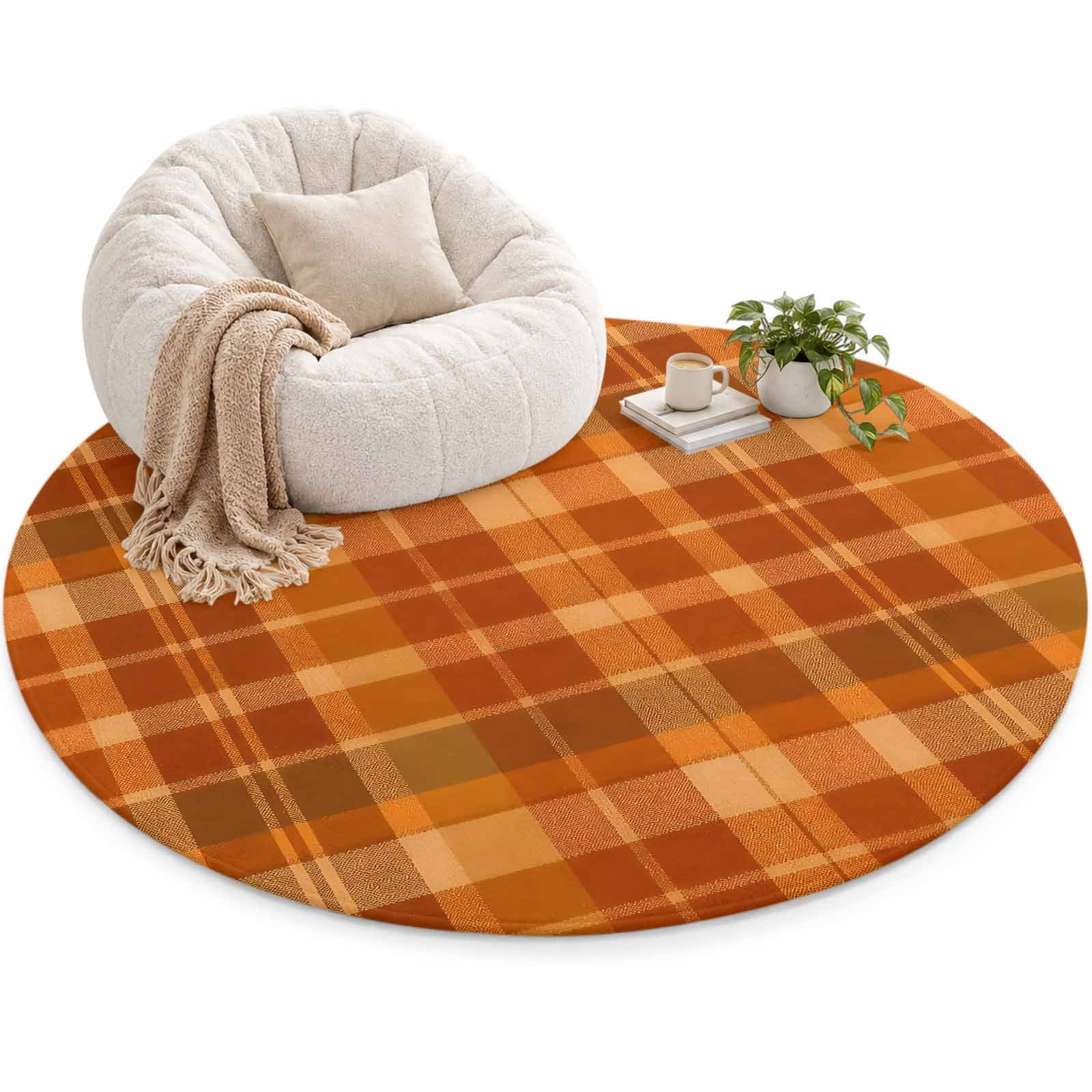 Burnt Orange Plaid Area Rug 5', Fall Brown Tan Grids Crossing Lines ...