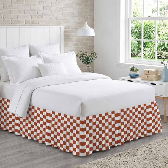 Burnt Orange Plaid Bed Skirt California King Size 16 Inch Drop, Modern Checkerboard Plaid Repeating Pattern Adjustable Elastic Dust Ruffles Bedskirt Wrap Around Pleated Mattress Frame Cover