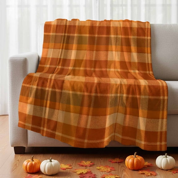 Burnt Orange Plaid Fleece Throw Blanket Fall Brown Tan Grids Crossing Lines Blocks Ultra Soft Fuzzy Cozy Flannel Throw Blanket for Couch Sofa Bed Car Travel, Ideal Gifts 30x40 Inches