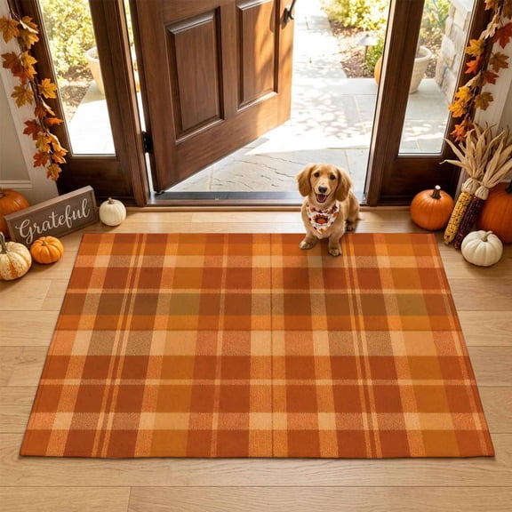 Burnt Orange Plaid Indoor Door Mat 16x24 Inch Fall Brown Tan Grids Crossing Lines Blocks Front Door Mat Non Slip Washable Entryway Rug Low Profile Dirt Trapper Doormat for Bathroom Kitchen Bedroom
