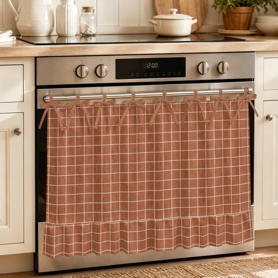 Burnt Orange Plaid Oven Skirt for Farmhouse Kitchen Décor, Farmhouse Buffalo Checkered Gingham Oven Curtain Tie Top Decorative Stove Skirt, Cabinet Dish Washer Curtains with 8 Ribbon Ties 30"x21.5"