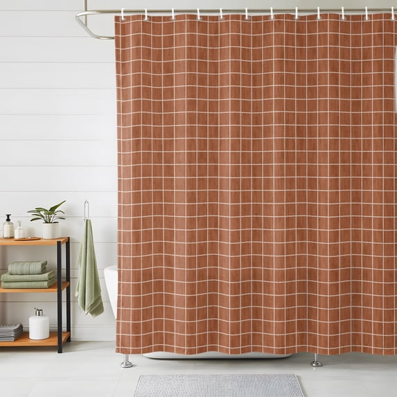 Burnt Orange Plaid Shower Curtains for Bathroom, Farmhouse Buffalo Checkered Gingham Waterproof Fabric Shower Curtain, Decorative Bathroom Curtain for Bathtub, 36"x72", No Hooks Included
