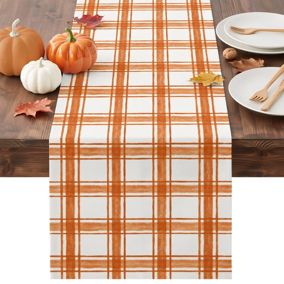 Burnt Orange Plaid Table Runner - 72 Inch Long Gingham Check Minimalist Grid Farmhouse Cotton and Linen Blended Dress Scarves Farmhouse Table Runner for Kitchen Dining, Coffee Table, 13" x 72"