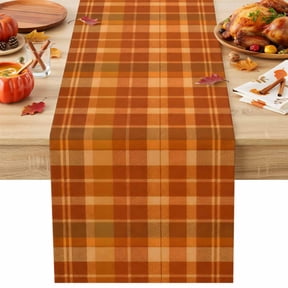 Burnt Orange Plaid Table Runner, Fall Brown Tan Grids Crossing Lines Blocks Cotton Linen Kitchen Table Decoration Washable Dining Tabletop Runners for Home Party Decor 13x36 Inches