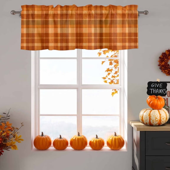 Burnt Orange Plaid Valance Curtain 1 Panel, Fall Brown Tan Grids Crossing Lines Blocks Kitchen Valance with Rod Pocket Window Treatment Short Curtains for Bathroom Bedroom, 42 x 12 Inches