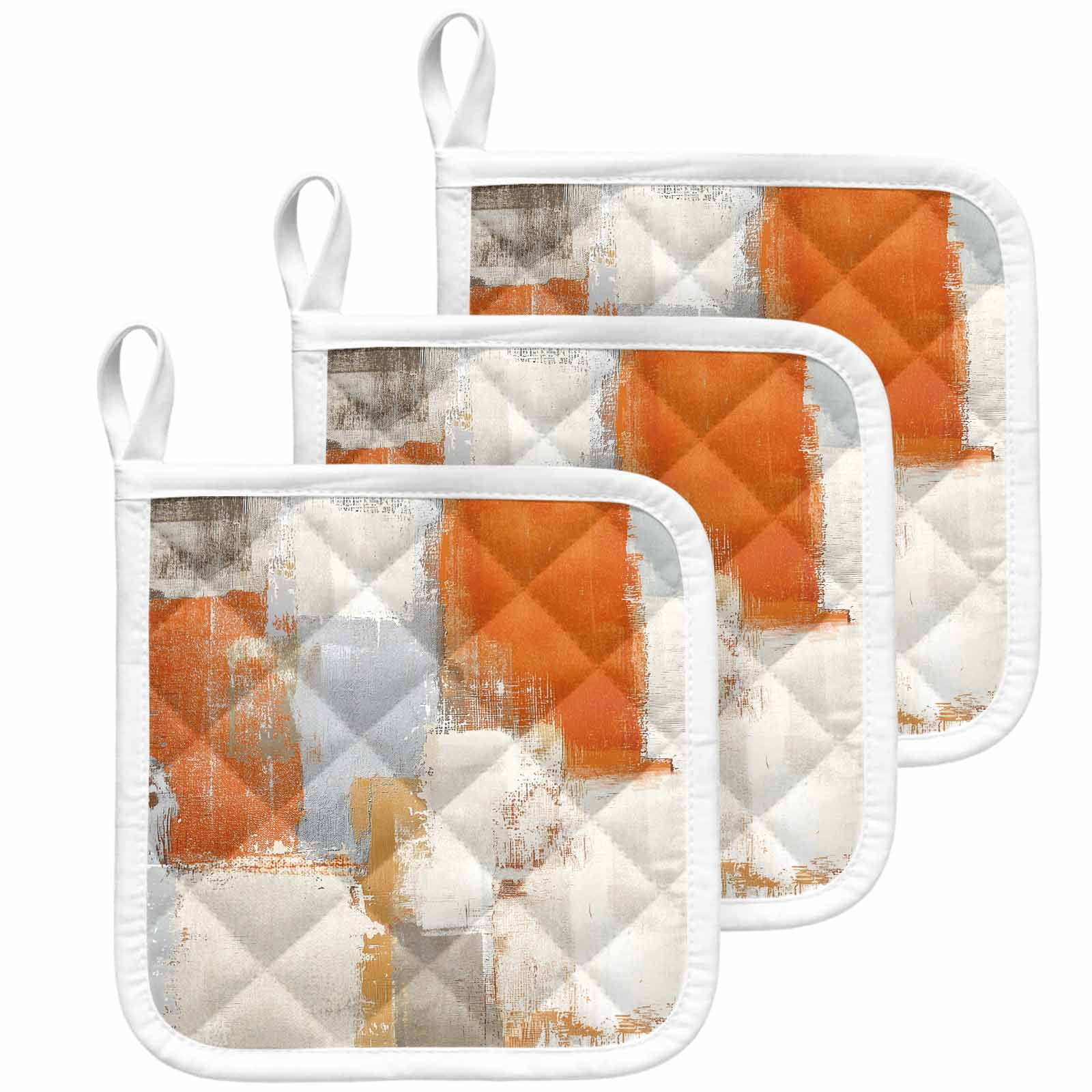 Burnt Orange Pot Holders for Kitchen Heatproof Potholder, 3 Pack Modern Geometric Grey Oil Painting Abstract Hot Pads Multipurpose Oven Pads Cloth Potholders Trivet for Cooking Baking