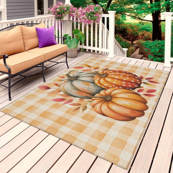 Burnt Orange Pumpkin Fall Outdoor Rug for Patio/Deck/Porch, Non-Slip Large Area Rug 3 x 5 Ft, Checkered Thanksgiving Botanical Indoor Outdoor Rugs Washable Area Rugs, Camping Rug Carpet Runner