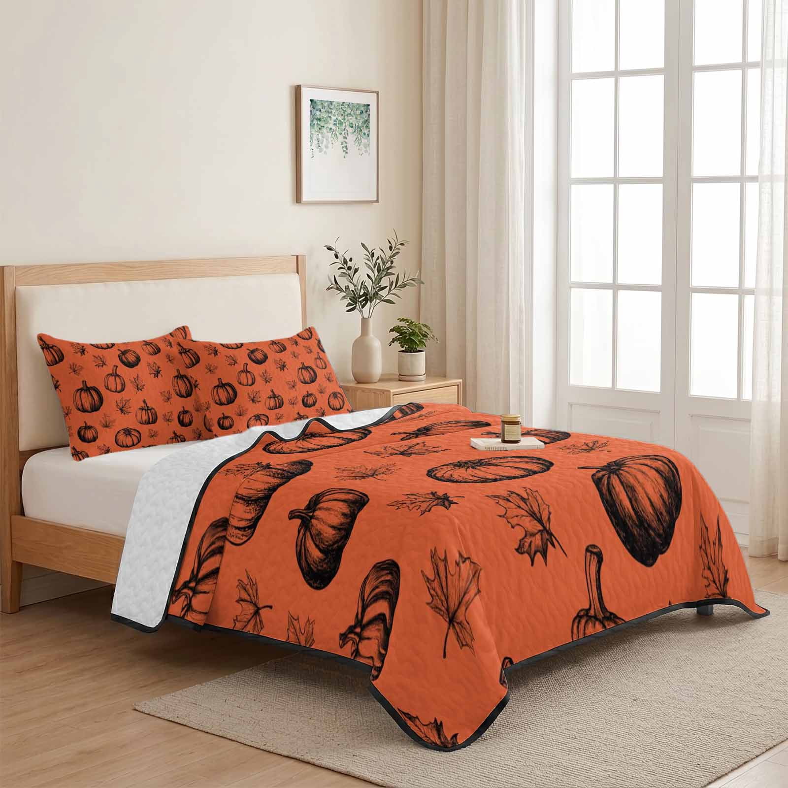 Burnt Orange Pumpkin Fall Thanksgiving 3 Pieces Quilt Set,1 Quilt with ...