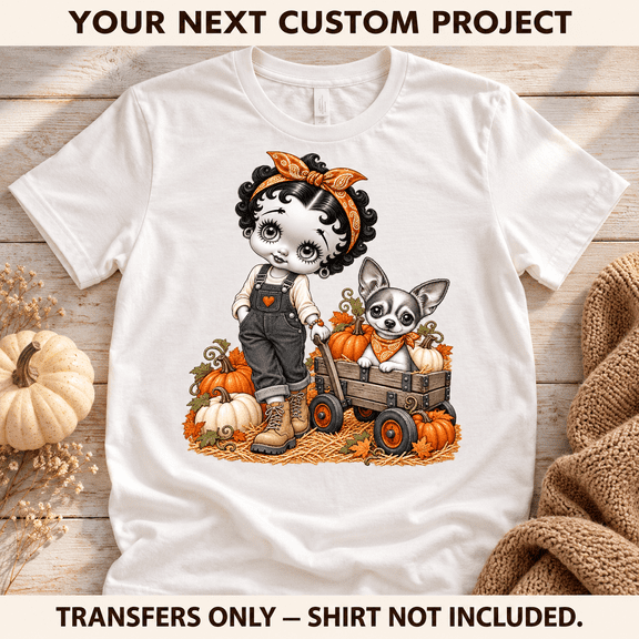 Burnt Orange Pumpkin Patch Girl and Chihuahua Wagon, 10 × 10 Inches, 3-Pack, Apparel Heat Transfers Ready-to-Press