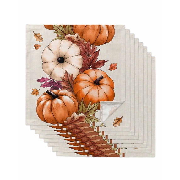 Burnt Orange Pumpkins Fall Cloth Napkins Set of 8 Reusable Dinner Napkins, Thanksgiving Botanical Beige Cocktail Napkin Washable Table Napkins for Wedding/Holiday Party/Baby Shower 20"x20"