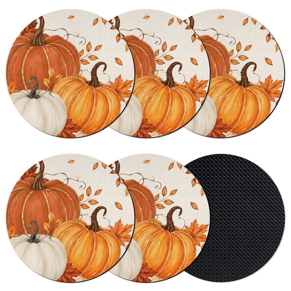 Burnt Orange Pumpkins Fall Coasters Set of 6, Absorbent Coasters for Drinks, Thanksgiving Maple Leaves Autumn Rustic Coaster for Desk Coffee Table Protection, Home Decor House Warming Gifts 4"