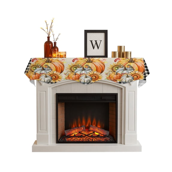 Burnt Orange Pumpkins Fall Fireplace Mantel Scarf Cover 60"Wx17"L,Fireplace Mantel Shelf Top Runner,Thanksgiving Black White Plaid Retro Mantle Dresser Scarves Table Runner for Holiday Party
