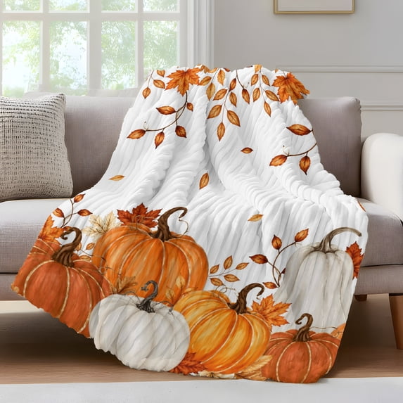 Burnt Orange Pumpkins Fall Fleece Throw Blanket for Couch, Thanksgiving Maple Leaves Autumn Microfiber Flannel Blanket, Lightweight Fuzzy Plush Throw Blankets for Gifts, Office, 40"x50"