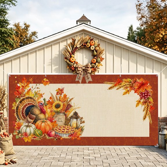 Burnt Orange Pumpkins Fall Garage Door Banner 6.9x8 Ft, Thanksgiving Turkey Maple Leaves Autumn Outdoor Garage Door Cover for Holiday Party, Hanging Banner Backdrop Decoration Wall Decor Flag