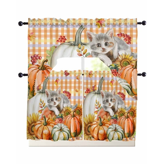 Burnt Orange Pumpkins Fall Kitchen Curtains Set for Windows 3 Piece ...