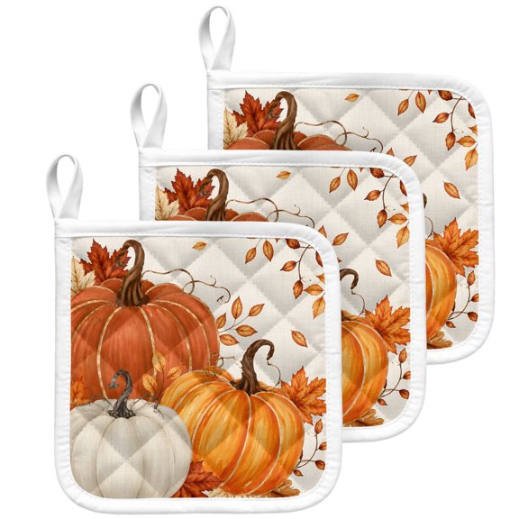 Burnt Orange Pumpkins Fall Pot Holders for Kitchen Heat Insulation Potholder,Kitchen Pot Holders Sets Washable Oven Hot Pads Terry Cloth Trivet Thanksgiving Maple Leaves Autumn Rustic 3 Pack