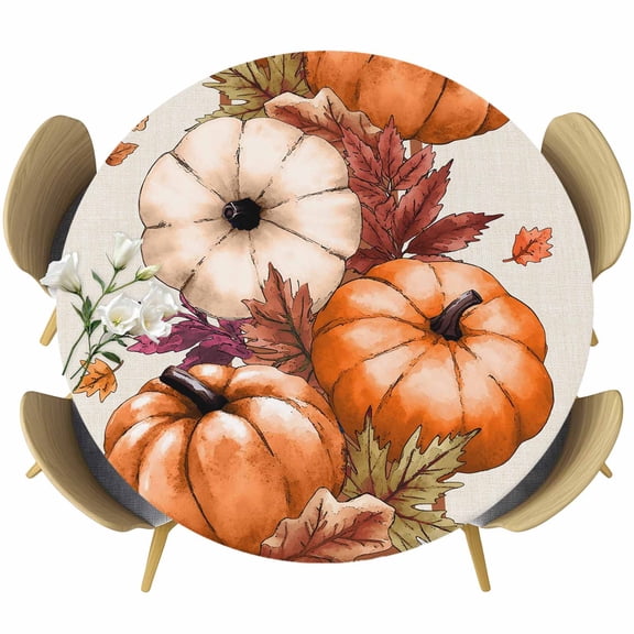 Burnt Orange Pumpkins Fall Round Tablecloth, Fitted Table Cover with Elastic for 36"-44" Round Tables, Thanksgiving Botanical Beige Table Cloth Outdoor Indoor Dinning Party Waterproof Tablecloths