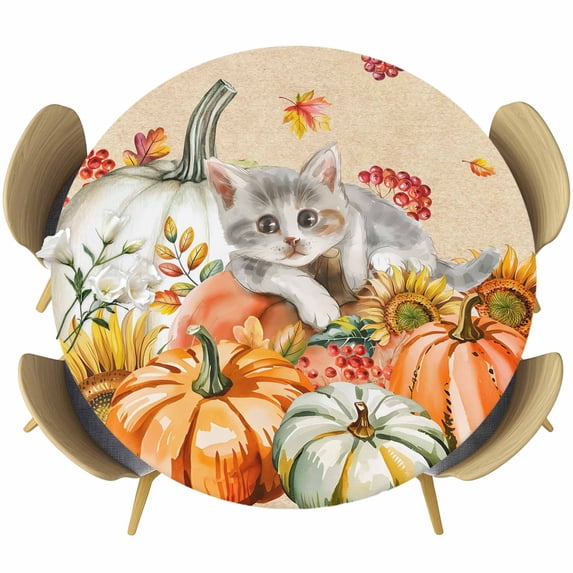 Burnt Orange Pumpkins Fall Round Tablecloth, Fitted Table Cover with Elastic for 36"-44" Round Tables, Thanksgiving Cat Sunflowers Vintage Table Cloth Outdoor Dinning Party Waterproof Tablecloths