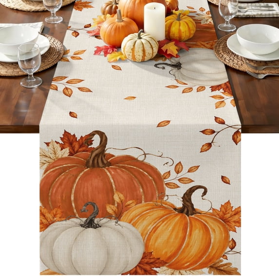 Burnt Orange Pumpkins Fall Table Runner 48 Inches Long, Kitchen Dining Table Decoration, Thanksgiving Maple Leaves Autumn Rustic Coffee Tablerunner Dress Scarves Farmhouse Décor for Party, 13 x 48
