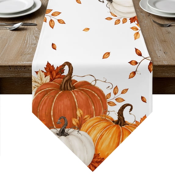 Burnt Orange Pumpkins Fall Table Runner Linen Burlap Table Runner 108 Inches Long Thanksgiving Botanical Maple Leaves Dresser Scarves for Kitchen Island Coffee Dining Room Party Decor 13"x108"