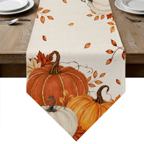 Burnt Orange Pumpkins Fall Table Runner Linen Burlap Table Runner 60 Inches Long Thanksgiving Maple Leaves Autumn Rustic Dresser Scarves for Kitchen Island Coffee Dining Room Party Decor 13"x60"