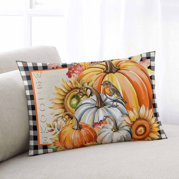 Burnt Orange Pumpkins Fall Throw Pillow Covers, Thanksgiving Black White Plaid Retro Soft Breathable Pillow Cases with Zipper for Sleeping, Small Pillowcases for Couch Bed Sofa Chair 16x24 Inches