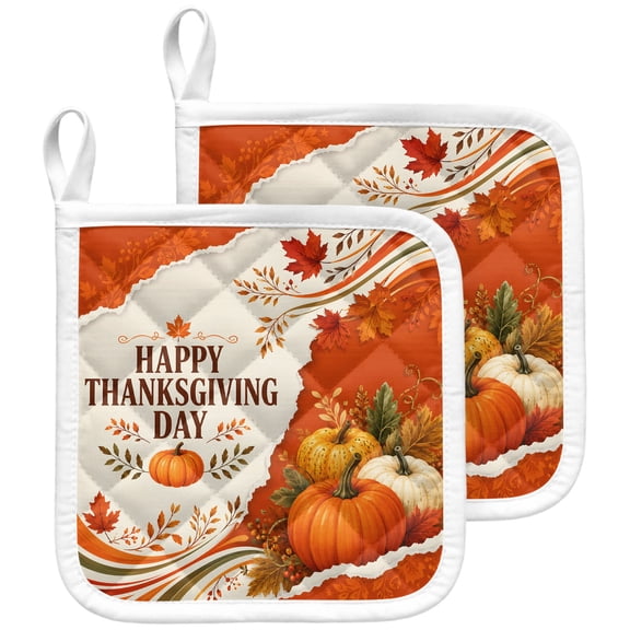 Burnt Orange Pumpkins Thanksgiving Pot Holders for Kitchen Heatproof Potholder, 2 Pack Fall Botanical Farmhouse Hot Pads Multipurpose Oven Pads Terry Cloth Potholders Trivet for Cooking and Baking