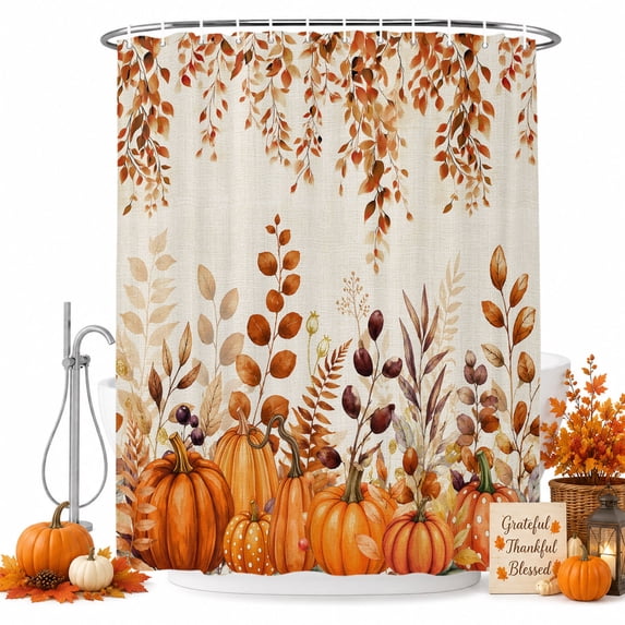 Burnt Orange Pumpkins Thanksgiving Shower Curtain, Waterproof Shower Curtains for Bathroom, Fall Eucalyptus Leaves Rustic Botanical Washable Fabric Bathtub Curtain Set Bath Decor Standard 72"x72"