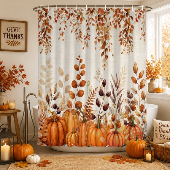 Burnt Orange Pumpkins Thanksgiving Shower Curtains for Bathroom, Fall Eucalyptus Leaves Rustic Waterproof Fabric Shower Curtain, Decorative Bathroom Curtain for Bathtub, 36"x72", No Hooks Included