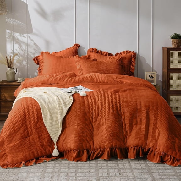Burnt Orange Queen Comforter Set, 3 Pieces Seersucker Comforters Queen Size, Lightweight & Fluffy Bedding Sets Queen for All Season with 1 Ruffle Comforter and 2 Ruffle Pillowshams