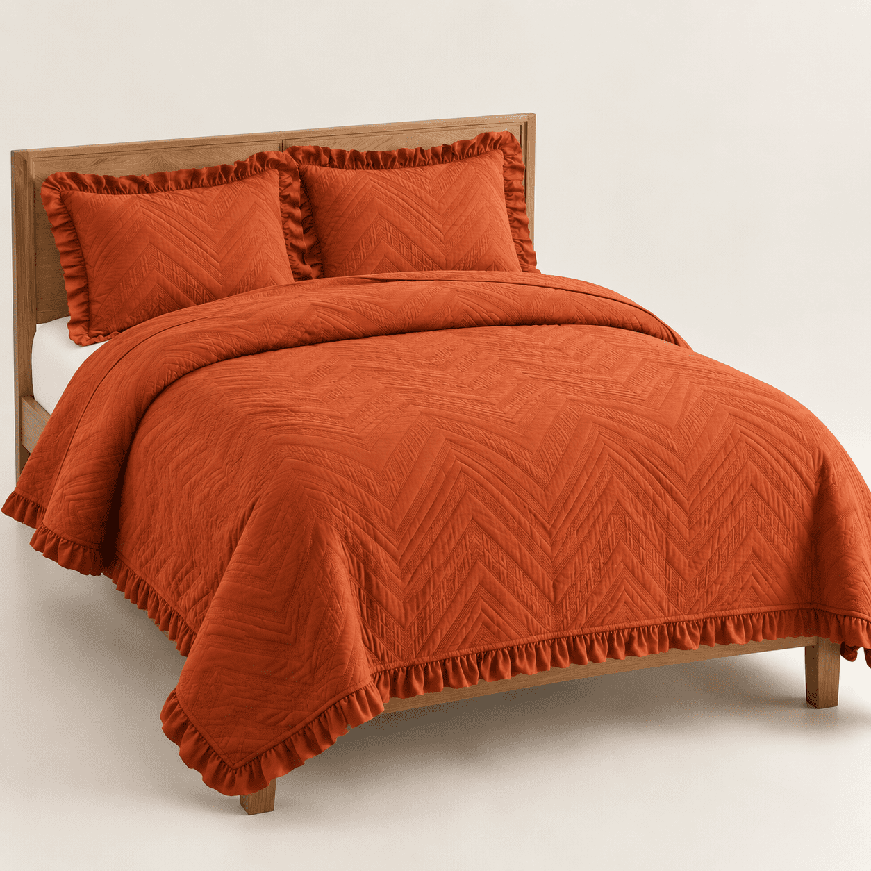 Burnt Orange Queen Ruffled Quilt Bedding Set for All Season Use ...