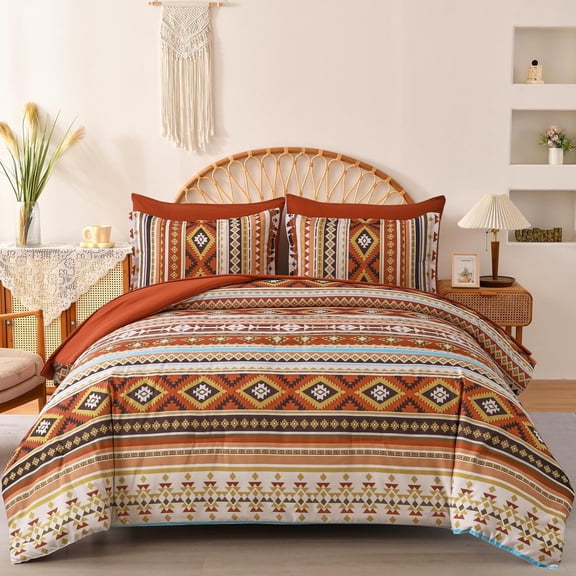 Burnt Orange Queen Size Boho Striped 7 Piece Complete Bedding Set